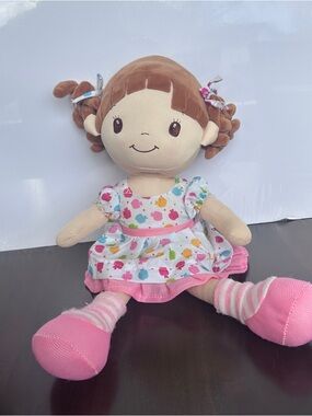 Linzy Doll Pink-Accented Plush Girl with Patterned Dress and Pigtails